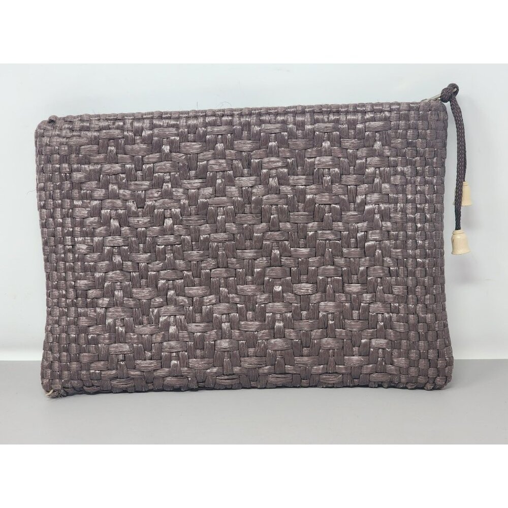 Woven Brown Clutch Pouch With Zipper & Drawstring Detail Striped Fabric Lining